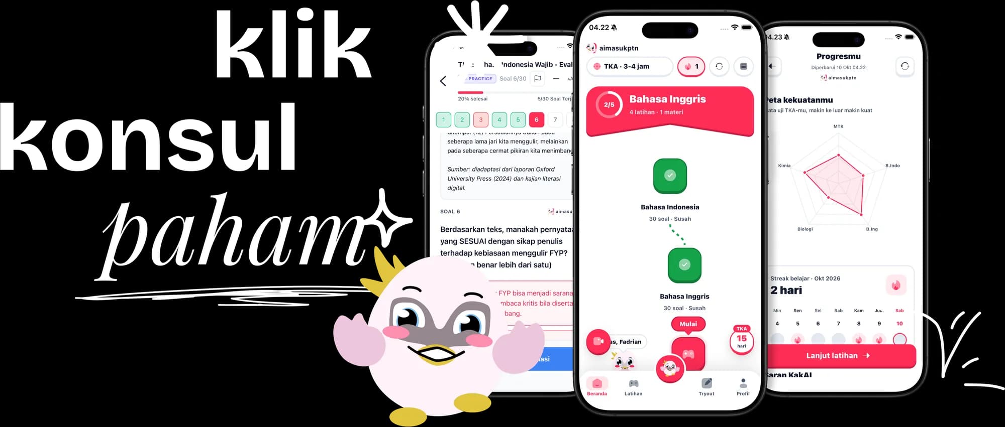 Tampilan aplikasi aimasukptn: latihan soal, jalur belajar, dan peta kekuatan, dengan MbakAI