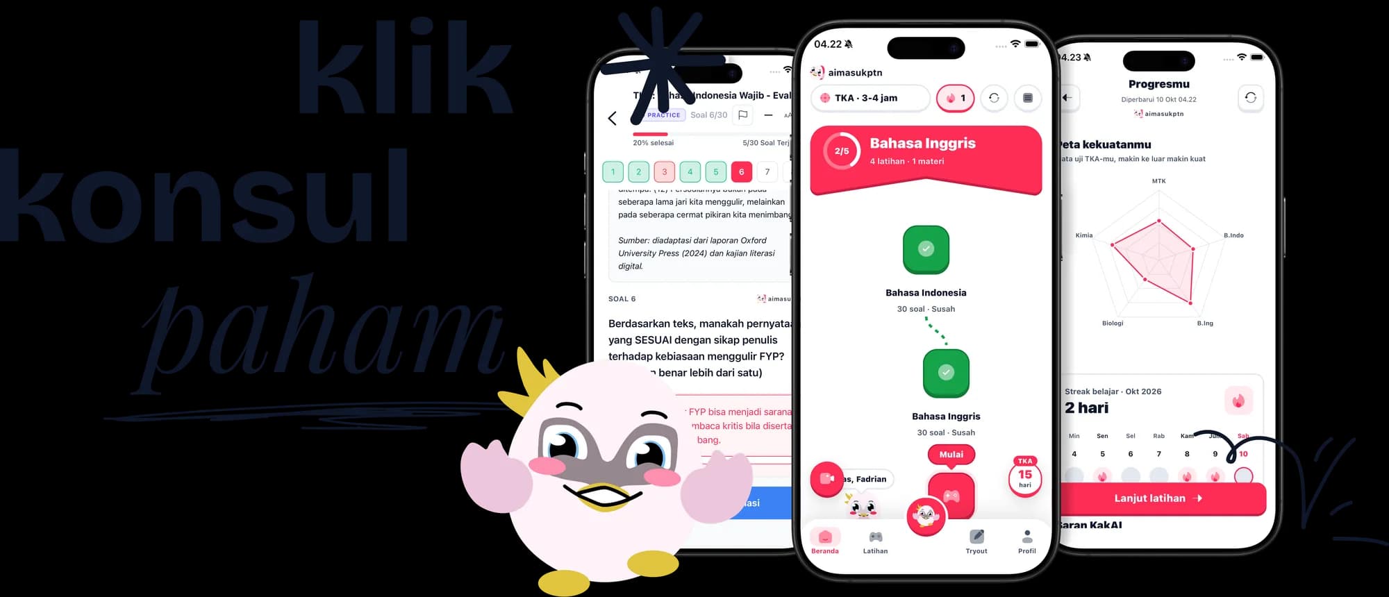 Tampilan aplikasi aimasukptn: latihan soal, jalur belajar, dan peta kekuatan, dengan MbakAI